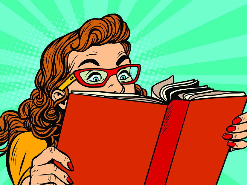 Girl with glasses reading comic book with teal background, red book