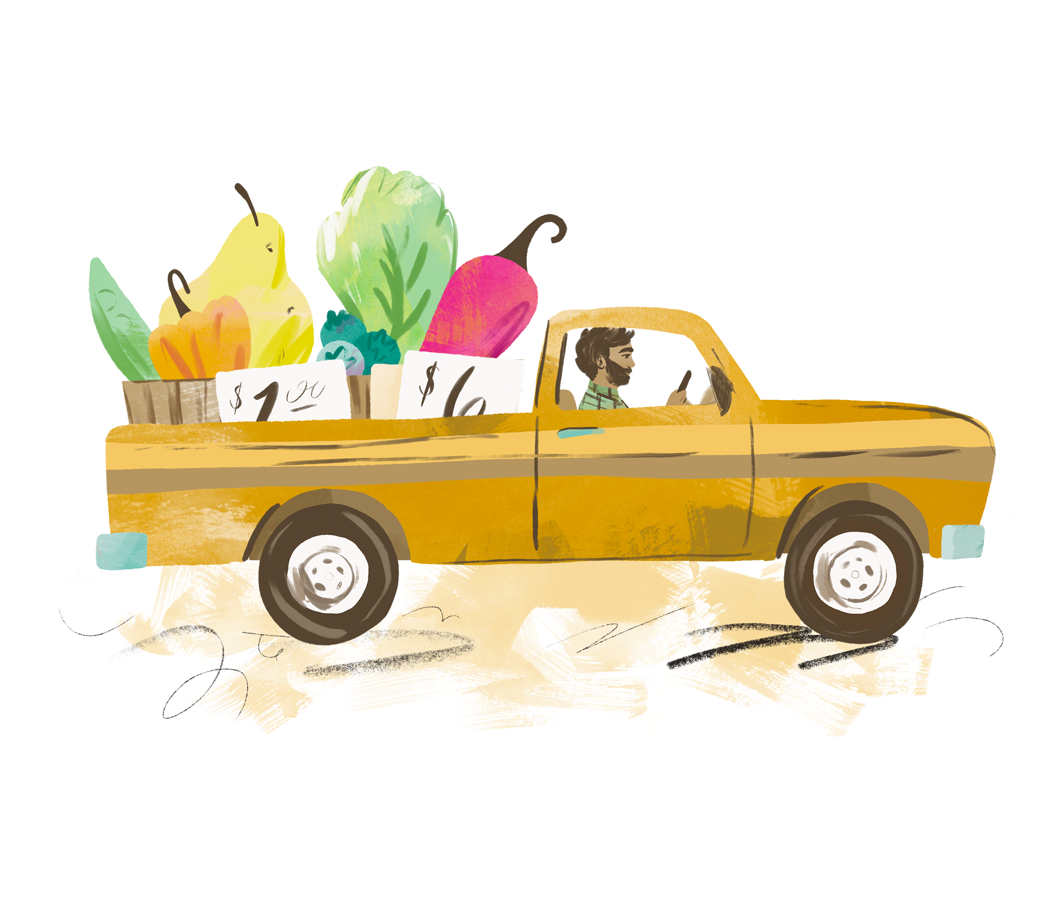 Yellow truck with large vegetables in the back.