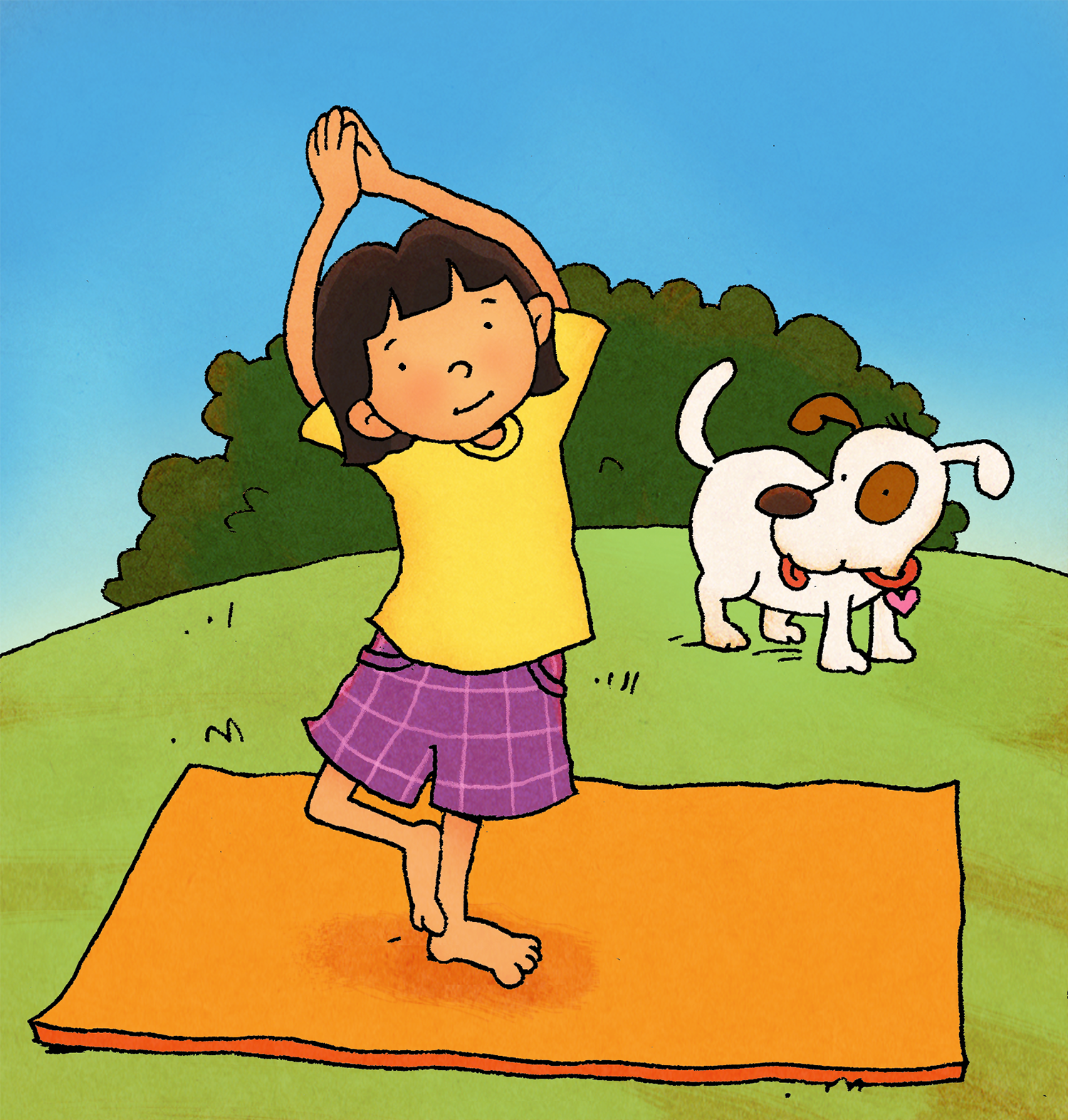 Child doing yoga with dog in background.