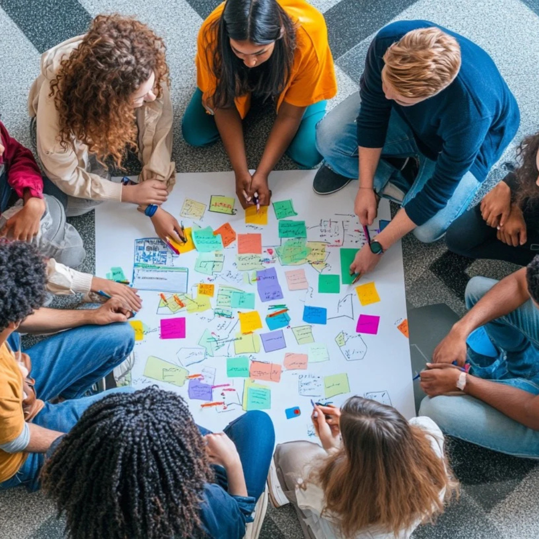 group of teenagers collaborating around a board of sticky notes