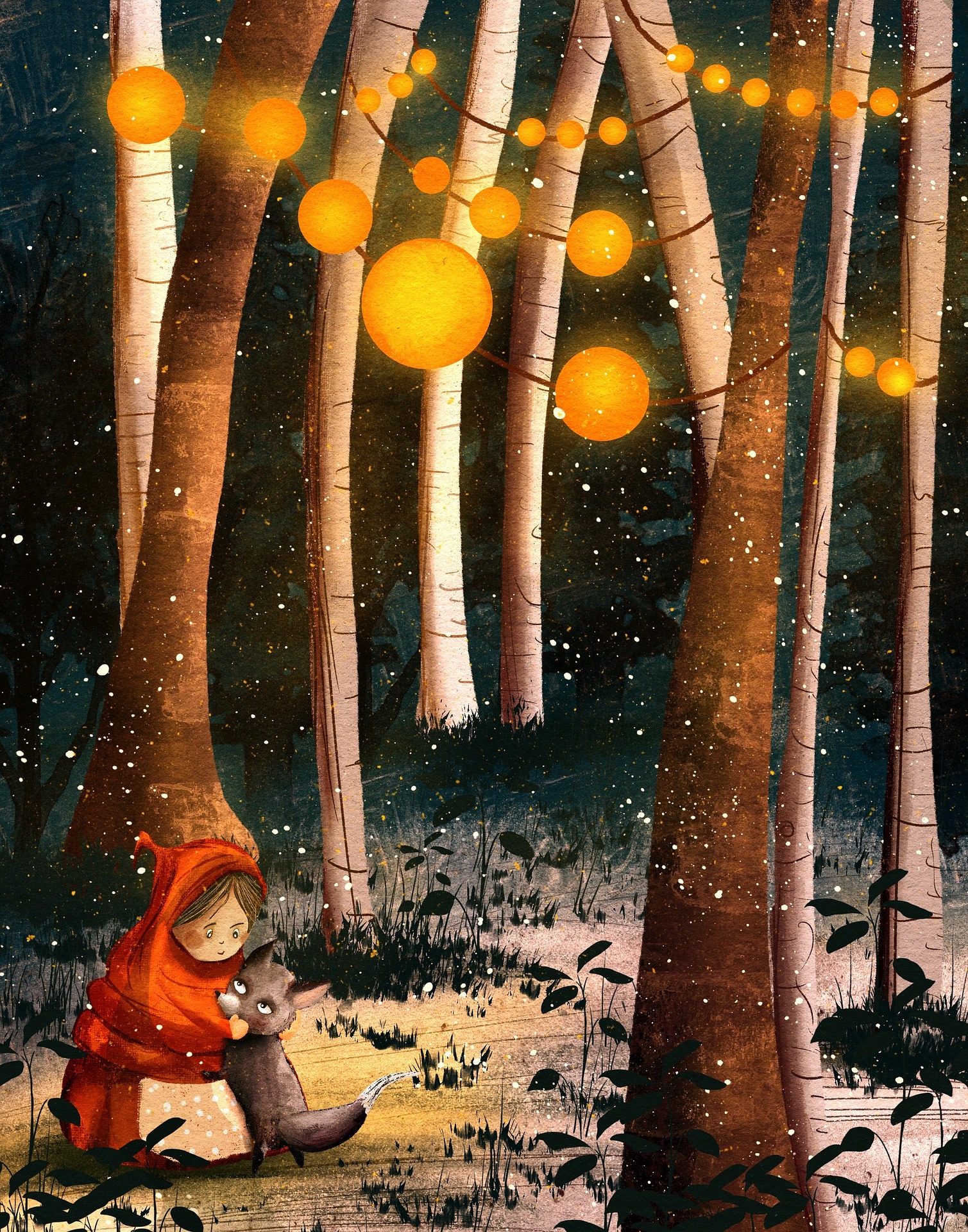 Little Red Riding Hood in a forest.