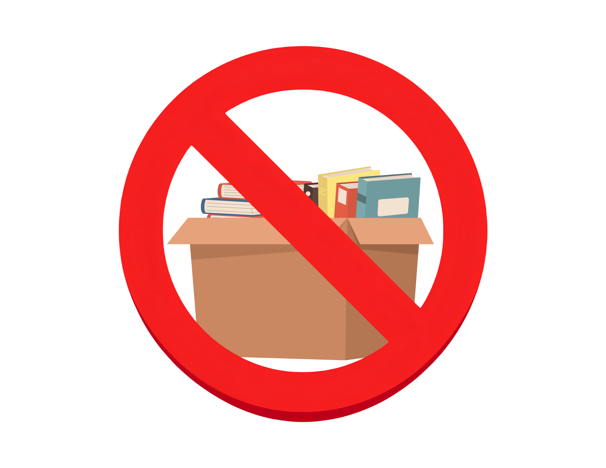 box of books with red "no" through it