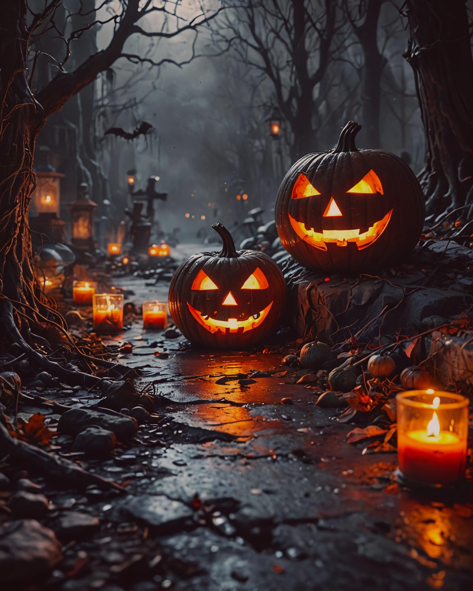 jack o' lanterns on a dark wet road