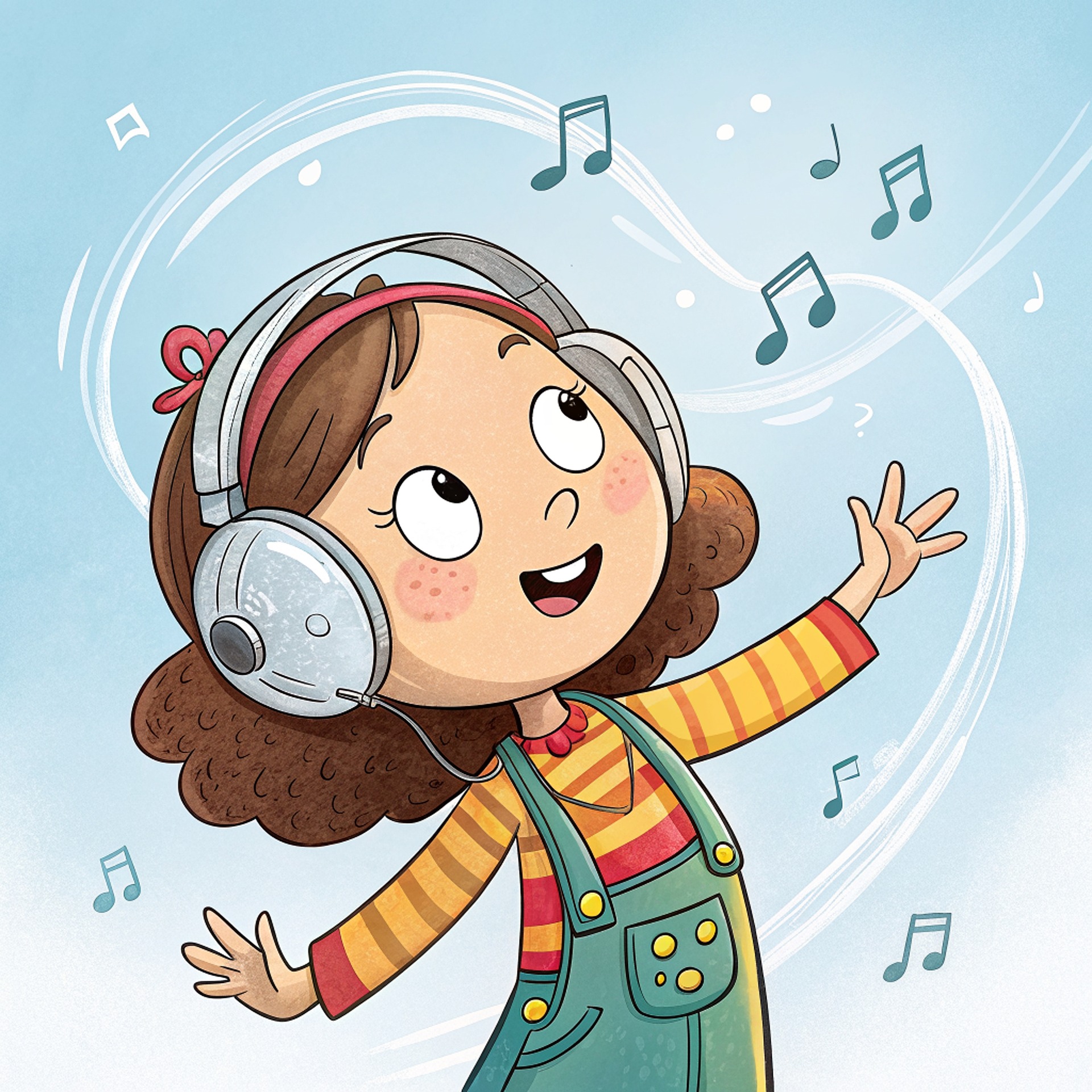 Cartoon young girl with headphones on singing