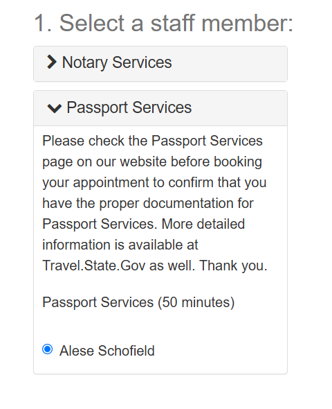 A screenshot of the first column of the booking calendar. It reads: "1. Select a staff member: Notary Services, Passport Services."