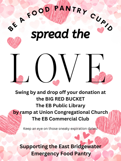 Pink hearts, the text, "Be a Food Pantry Cupid: Spread the Love," and a list of collection sites. 