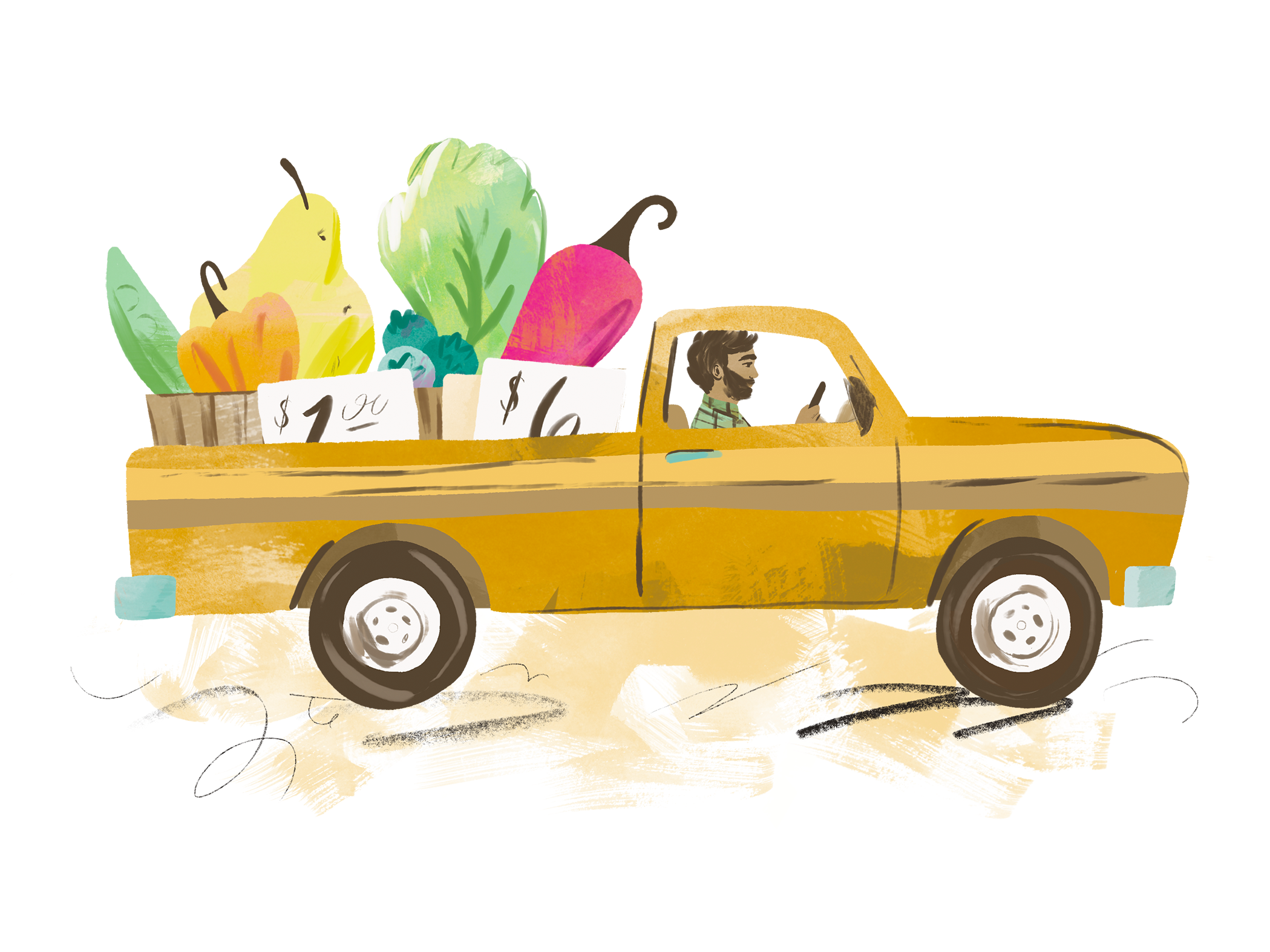 Yellow truck with large vegetables in the back.