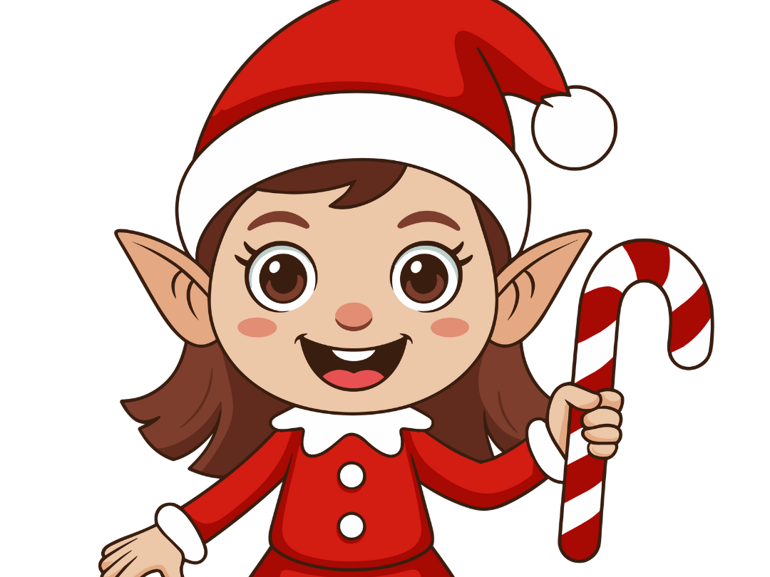 Happy Christmas elf in red with a candy cane
