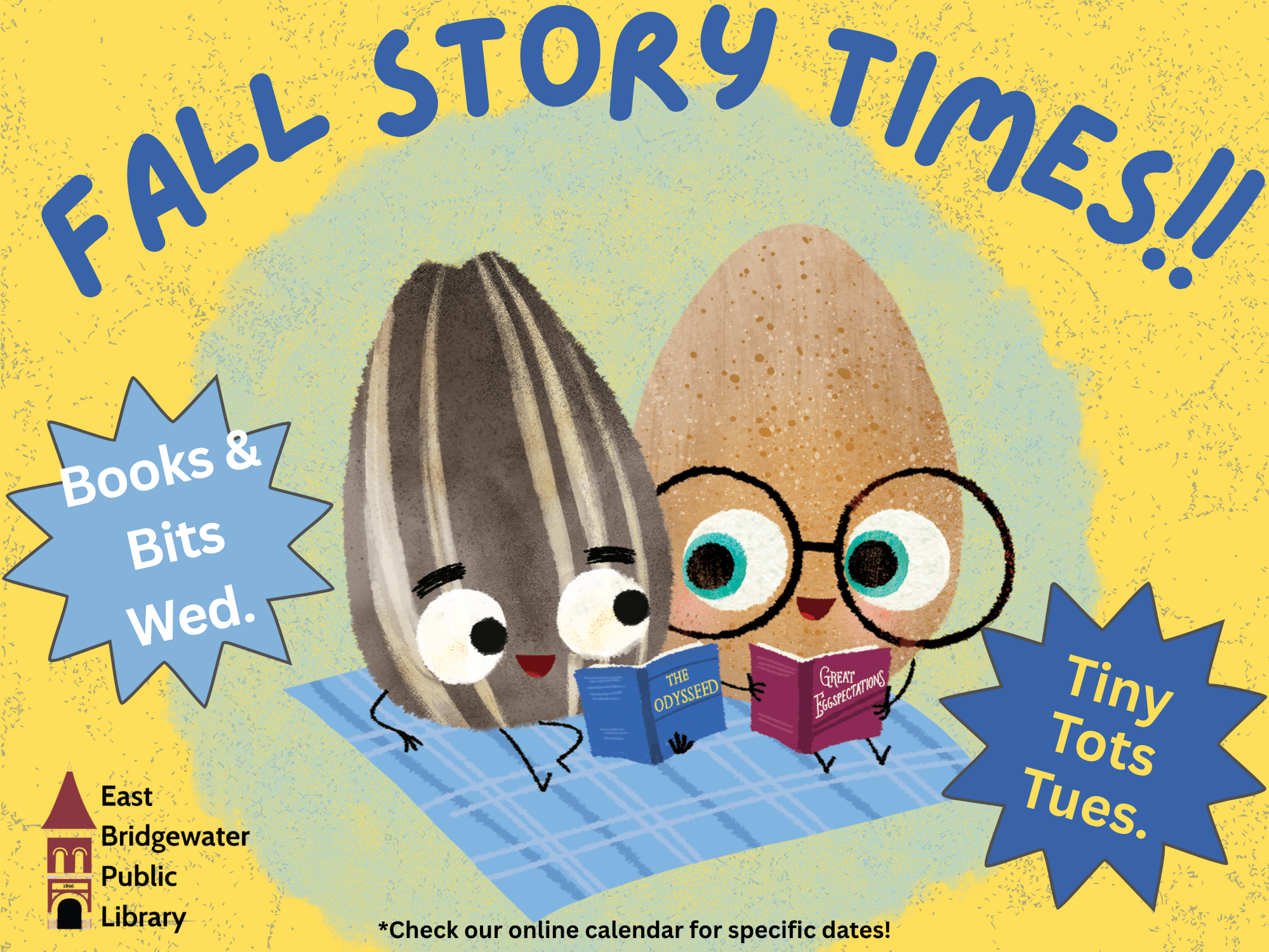 The Good Egg and The Bad Seed on a blanket reading books with a blue blanket and yellow background. "Fall Story Times"