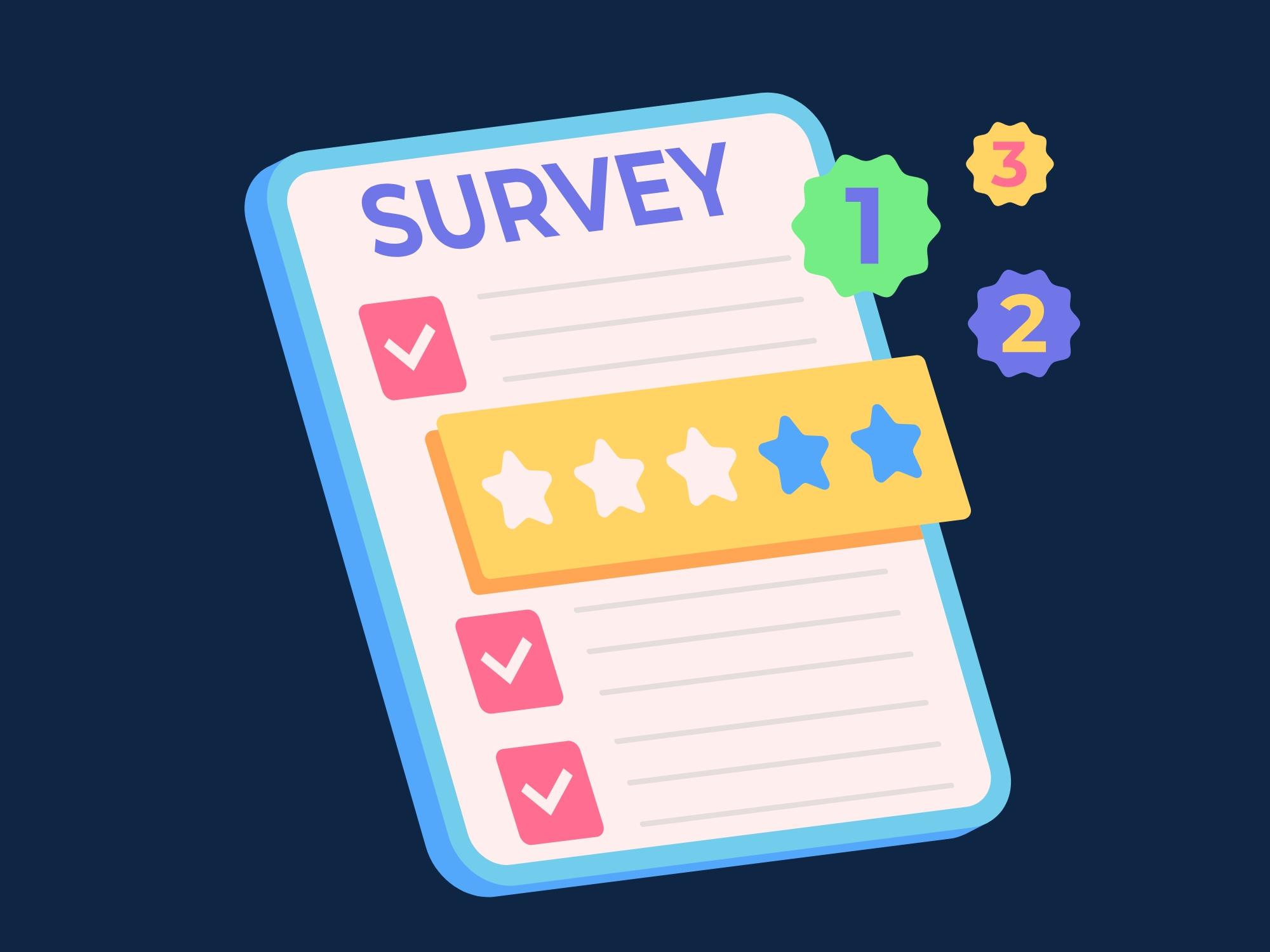 cartoon-styled clipboard featuring a survey