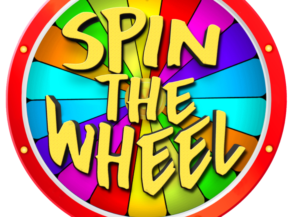Colorful wheel with "spin the wheel" on it.