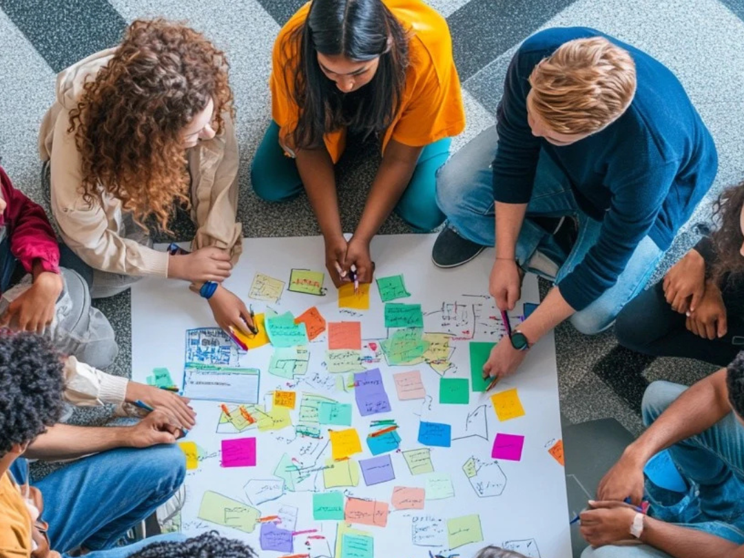 group of teenagers collaborating around a board of sticky notes