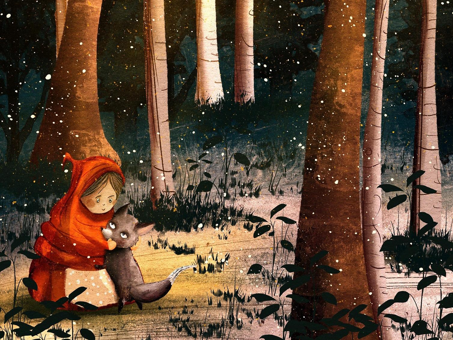 Little Red Riding Hood in a forest.
