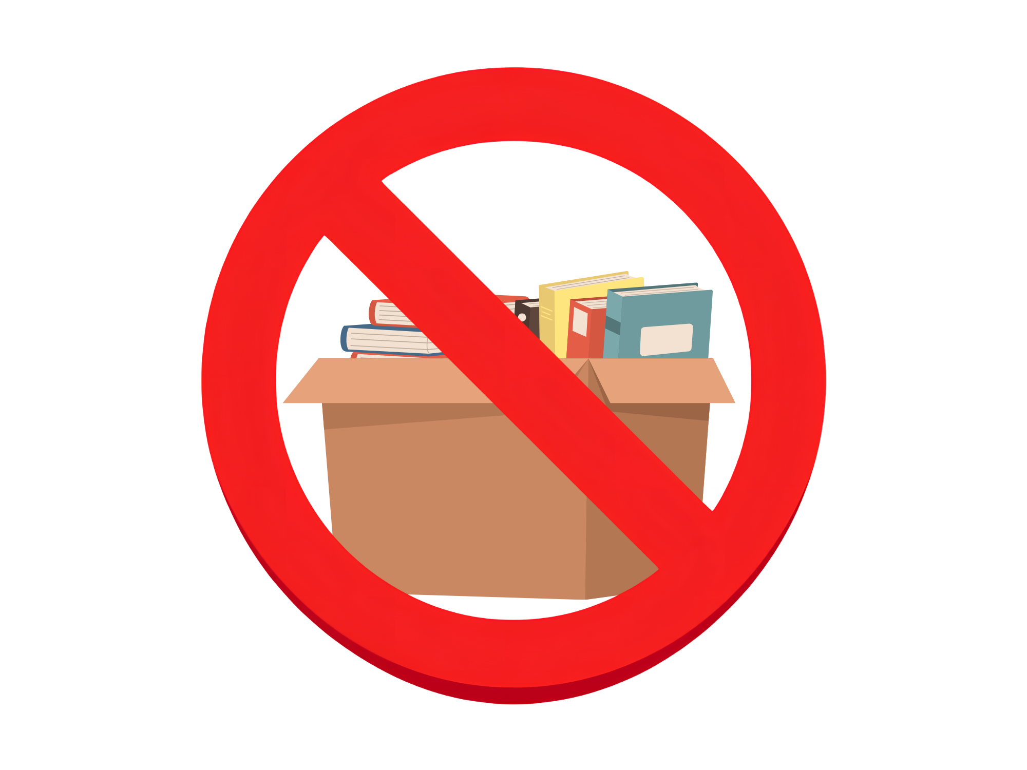box of books with red "no" through it