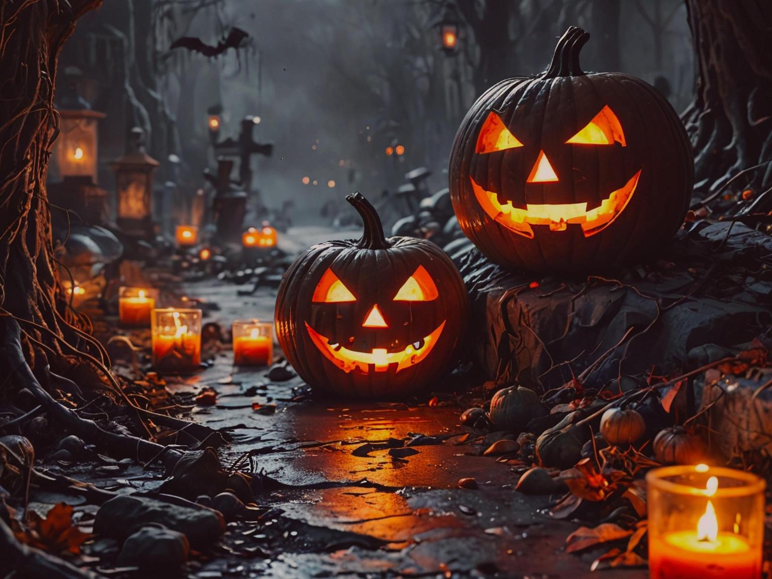 jack o' lanterns on a dark wet road