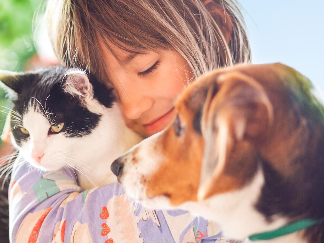 young girl with a cat and dog