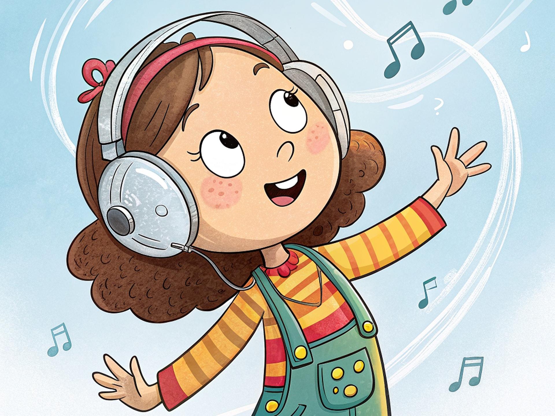 Cartoon young girl with headphones on singing